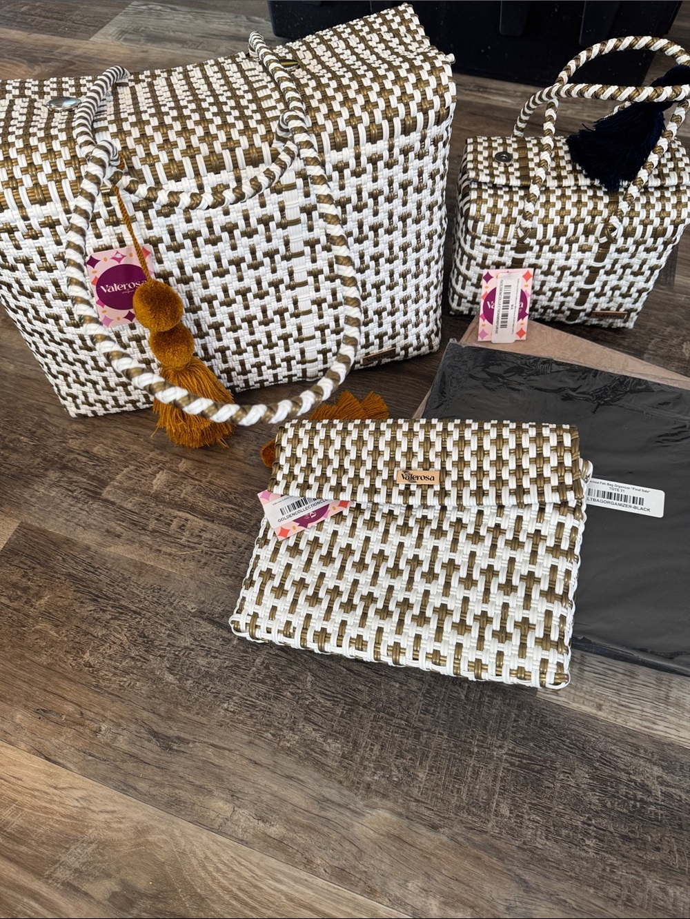 Valentina Woven Tote and Clutch Set in White and Brown